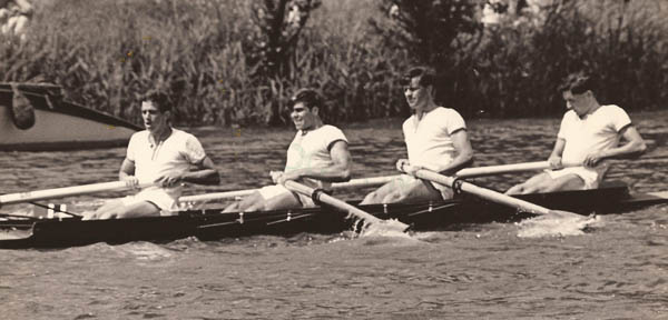 1967. The St Thomas’s Hospital Boat Club four practicing for Henley Royal Regatta, Left to right, Rod Thomas, Keith Maybury, Richard Collins and John Black